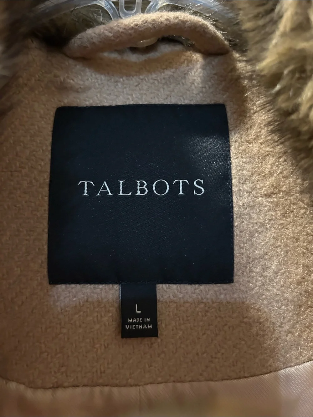 Talbots Camel Wool Blend Pea Coat with Brown Faux Fur Collar